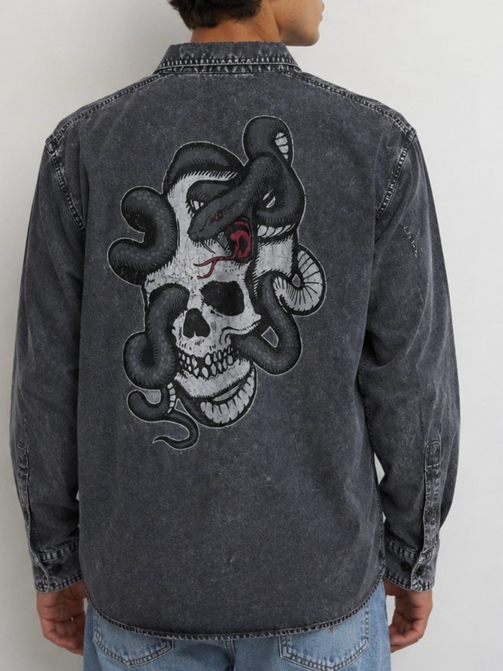 Harley-Davidson Black White Stone Wash Serpent Skull Long Sleeve Button Up Shirt